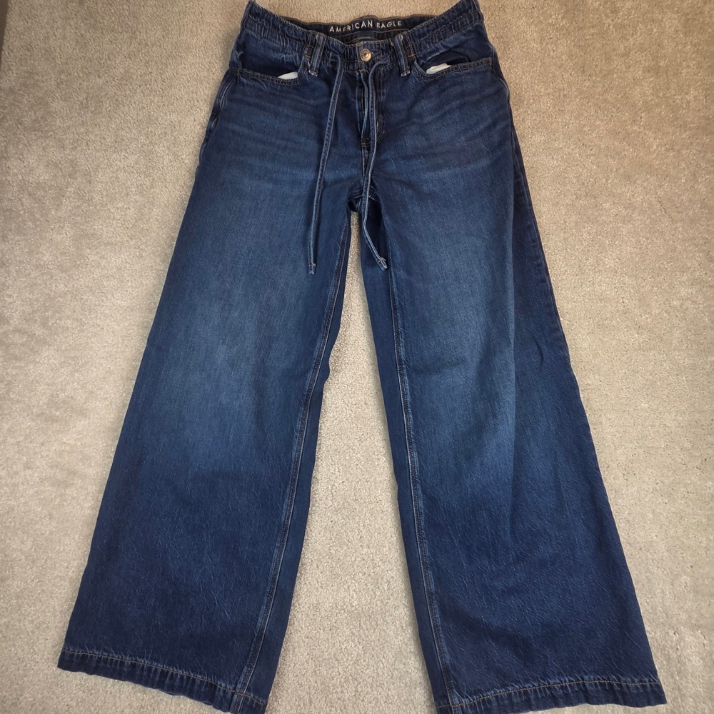 American Eagle Low Rise Ultra Wide Leg Jeans Dark Wash Drawstring Size 0 Regular
